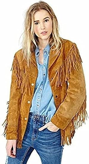 Buckskin Suede Leather Jacket Genuine Leather Western Style Jacket with Fringe Details for Women - Brown