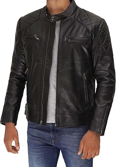 Men's Genuine Leather Jacket – Stylish Biker leather Jacket with Zip Pockets & Lining - Black David