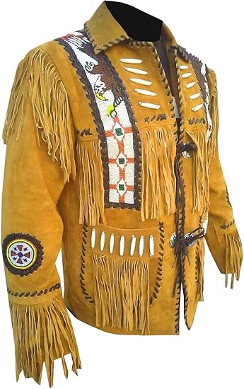 Men's Cowboy Eagle Beads Western Suede Leather Coat Native Fringes Jacket - Golden