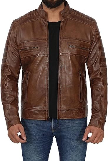 Men's Genuine Leather Jacket – Stylish Biker leather Jacket with Zip Pockets & Lining - Coffee