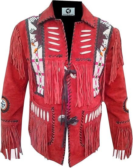 Men's Cowboy Eagle Beads Western Suede Leather Coat Native Fringes Jacket - Red