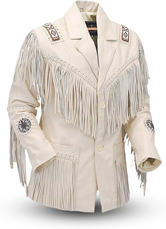 Men's Western Genuine Cowhide Leather Jacket| Traditional Native American White Beige Texture Cowhide Cowboy Coat with Fringe