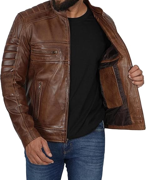 Men's Genuine Leather Jacket – Stylish Biker leather Jacket with Zip Pockets & Lining - Coffee