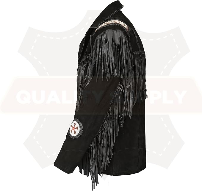 Men's Traditional Black Texture Cowboy Western Leather Jacket | Native American Suede Coat with Beaded & Fringed