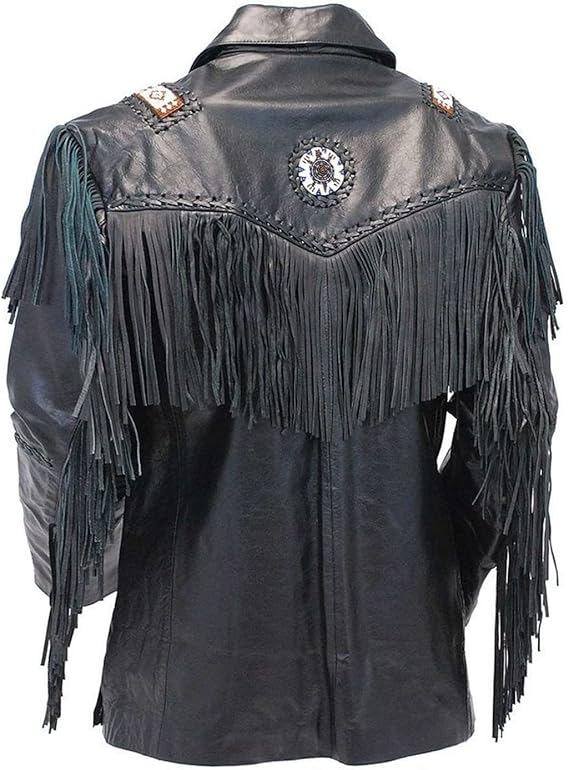 Men's Western Genuine Cowhide Leather Jacket| Traditional Native American Black Texture Cowhide Cowboy Coat with Fringe