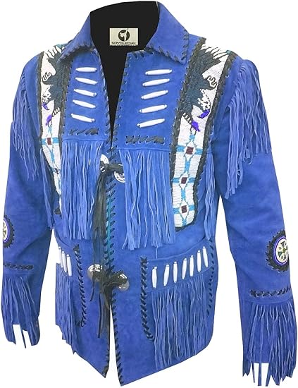 Men's Cowboy Eagle Beads Western Suede Leather Coat Native Fringes Jacket - Turkish