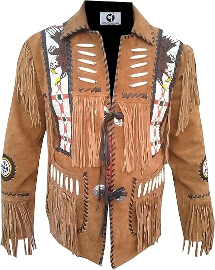 Men's Cowboy Eagle Beads Western Suede Leather Coat Native Fringes Jacket - Brown