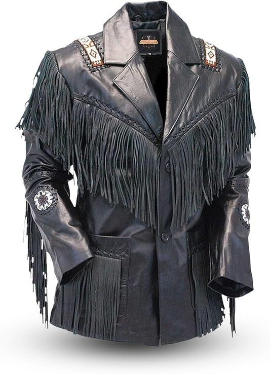 Men's Western Genuine Cowhide Leather Jacket| Traditional Native American Black Texture Cowhide Cowboy Coat with Fringe