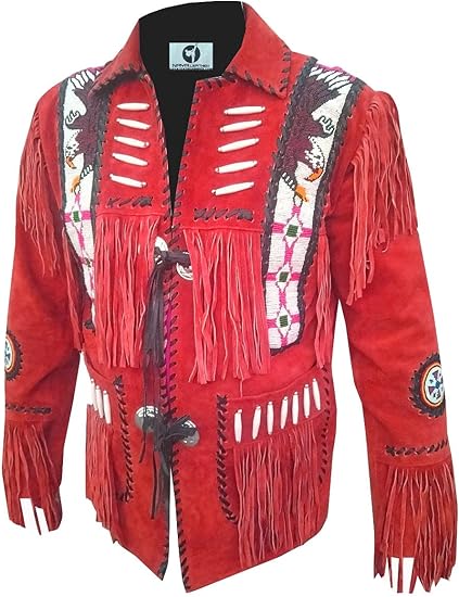 Men's Cowboy Eagle Beads Western Suede Leather Coat Native Fringes Jacket - Red