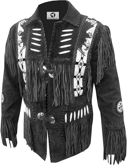 Men's Cowboy Eagle Beads Western Suede Leather Coat Native Fringes Jacket - Black