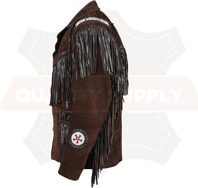 Men's Traditional Dark Brown Texture Cowboy Western Leather Jacket | Native American Suede Coat with Beaded & Fringed