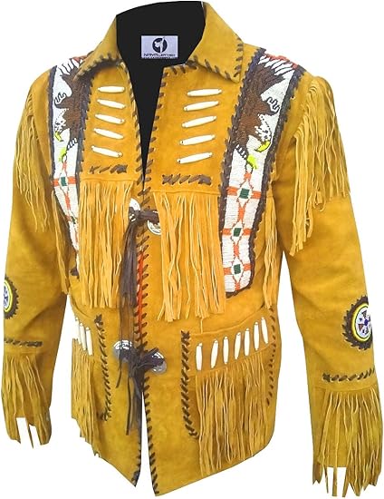 Men's Cowboy Eagle Beads Western Suede Leather Coat Native Fringes Jacket - Golden