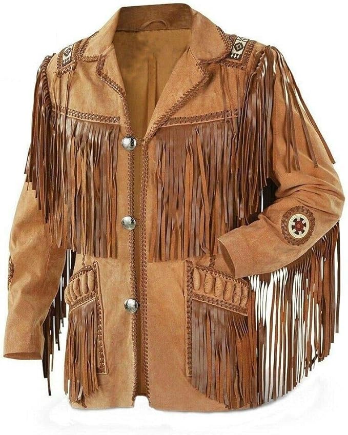 Men's Traditional Tan Brown Texture Cowboy Western Leather Jacket | Native American Suede Coat with Beaded & Fringed