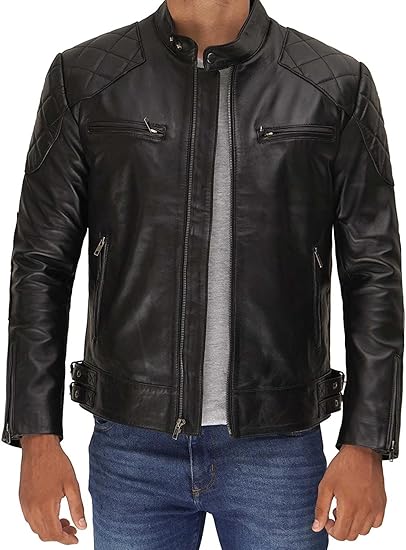 Men's Genuine Leather Jacket – Stylish Biker leather Jacket with Zip Pockets & Lining - Black David