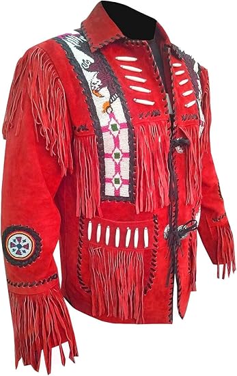 Men's Cowboy Eagle Beads Western Suede Leather Coat Native Fringes Jacket - Red