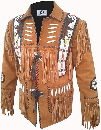 Men's Cowboy Eagle Beads Western Suede Leather Coat Native Fringes Jacket - Brown