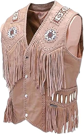 Cowboy Cow Leather Fringed &Native American Western Beaded Vest for Men's - Beige