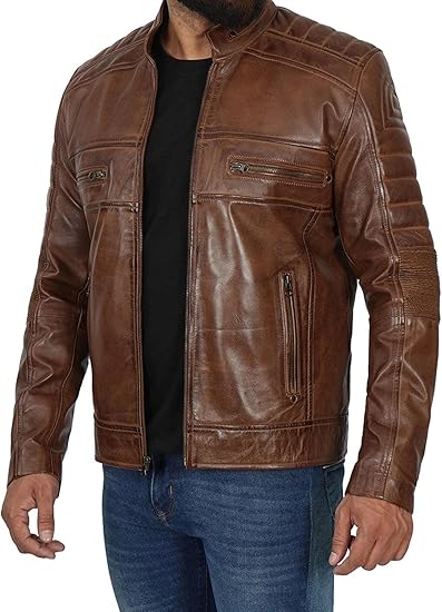 Men's Genuine Leather Jacket – Stylish Biker leather Jacket with Zip Pockets & Lining - Coffee