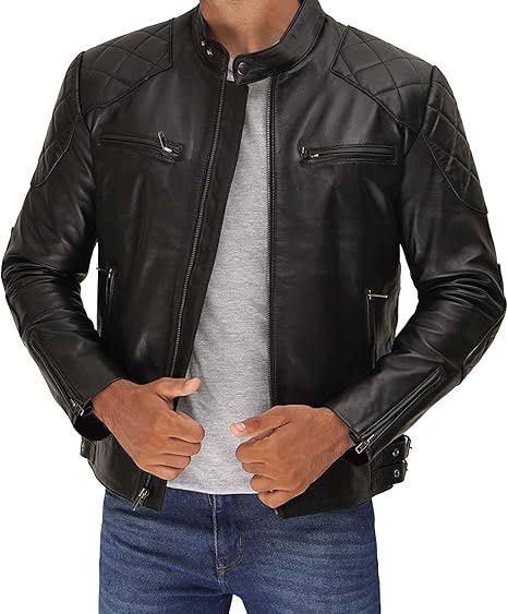 Men's Genuine Leather Jacket – Stylish Biker leather Jacket with Zip Pockets & Lining - Black David