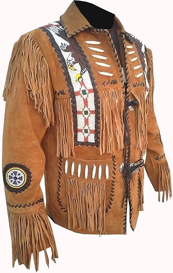 Men's Cowboy Eagle Beads Western Suede Leather Coat Native Fringes Jacket - Brown