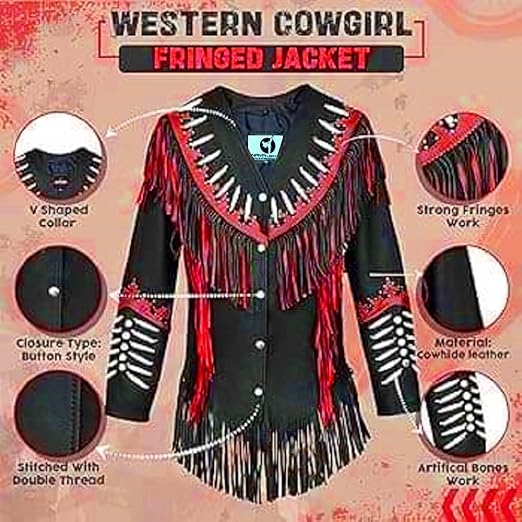 Women's Cowgirl Fashion Stylish Lamb Leather Western Fringed Jacket - Black Red Texture