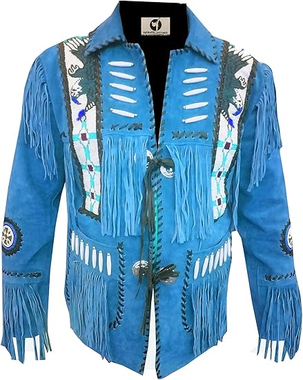 Men's Cowboy Eagle Beads Western Suede Leather Coat Native Fringes Jacket - Turkish