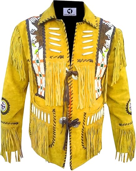 Men's Cowboy Eagle Beads Western Suede Leather Coat Native Fringes Jacket - Golden