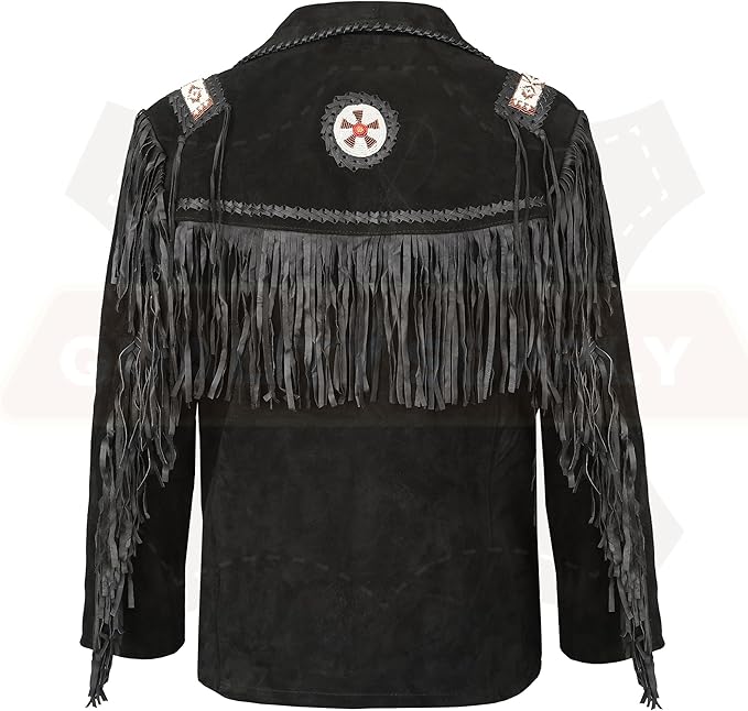 Men's Traditional Black Texture Cowboy Western Leather Jacket | Native American Suede Coat with Beaded & Fringed