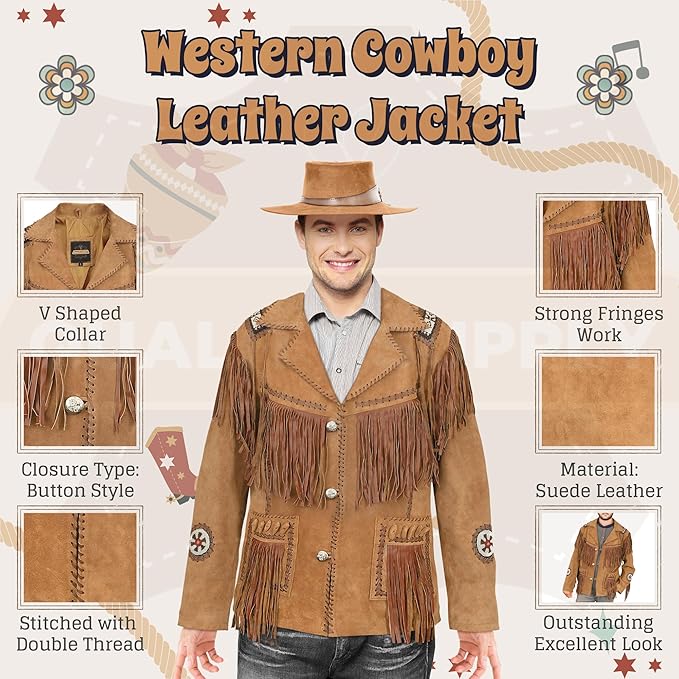 Men's Traditional Tan Brown Texture Cowboy Western Leather Jacket | Native American Suede Coat with Beaded & Fringed