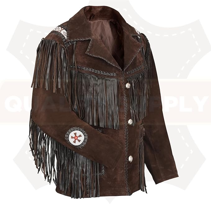 Men's Traditional Dark Brown Texture Cowboy Western Leather Jacket | Native American Suede Coat with Beaded & Fringed