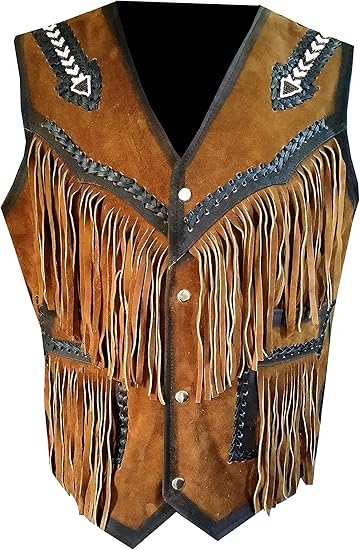 Men's Cowboy Buckskin Suede Western Vests Native Fringes And Handmade Beads Work - Brown