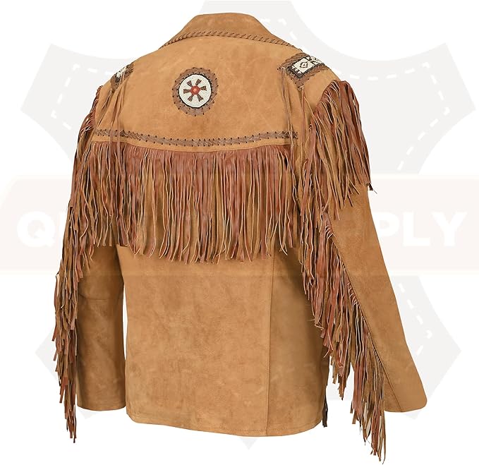 Men's Traditional Tan Brown Texture Cowboy Western Leather Jacket | Native American Suede Coat with Beaded & Fringed