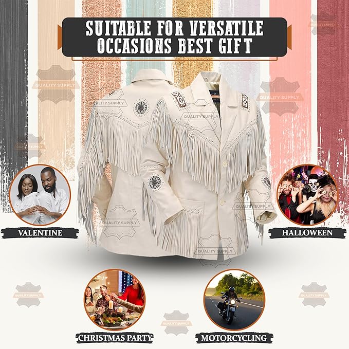 Men's Western Genuine Cowhide Leather Jacket| Traditional Native American White Beige Texture Cowhide Cowboy Coat with Fringe