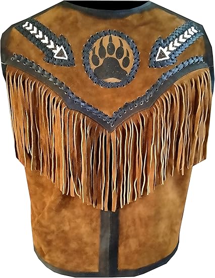 Men's Cowboy Buckskin Suede Western Vests Native Fringes And Handmade Beads Work - Brown