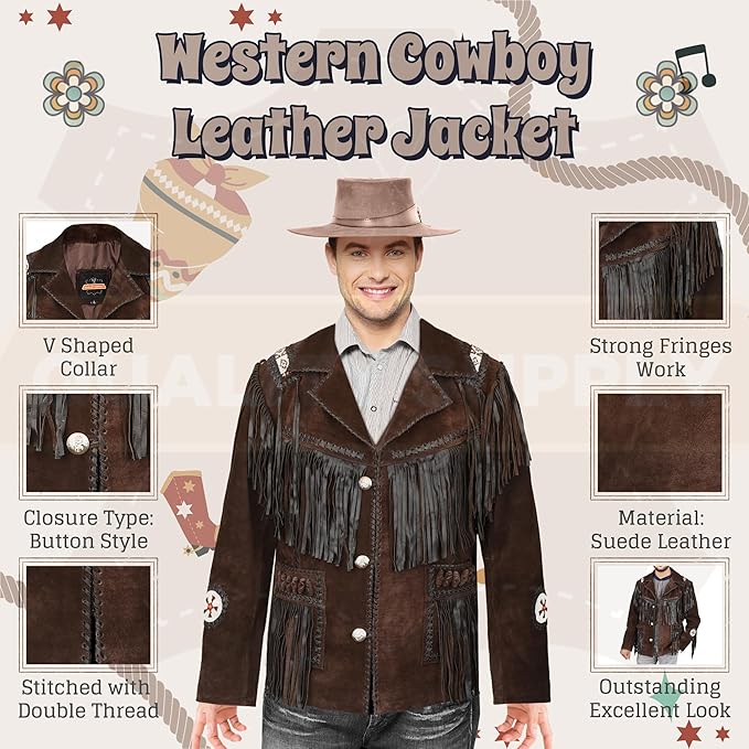 Men's Traditional Dark Brown Texture Cowboy Western Leather Jacket | Native American Suede Coat with Beaded & Fringed