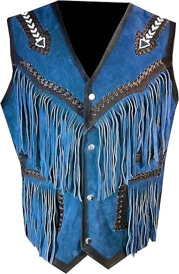 Men's Cowboy Buckskin Suede Western Vests Native Fringes And Handmade Beads Work - Blue