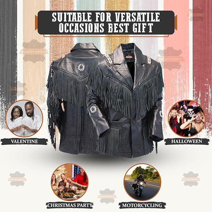 Men's Western Genuine Cowhide Leather Jacket| Traditional Native American Black Texture Cowhide Cowboy Coat with Fringe