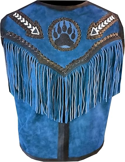 Men's Cowboy Buckskin Suede Western Vests Native Fringes And Handmade Beads Work - Blue