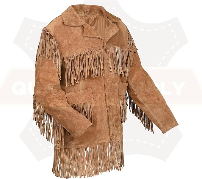 Traditional Western Cowboy Jackets for Men | Native American Brown Texture Suede leather Overcoat with Fringes