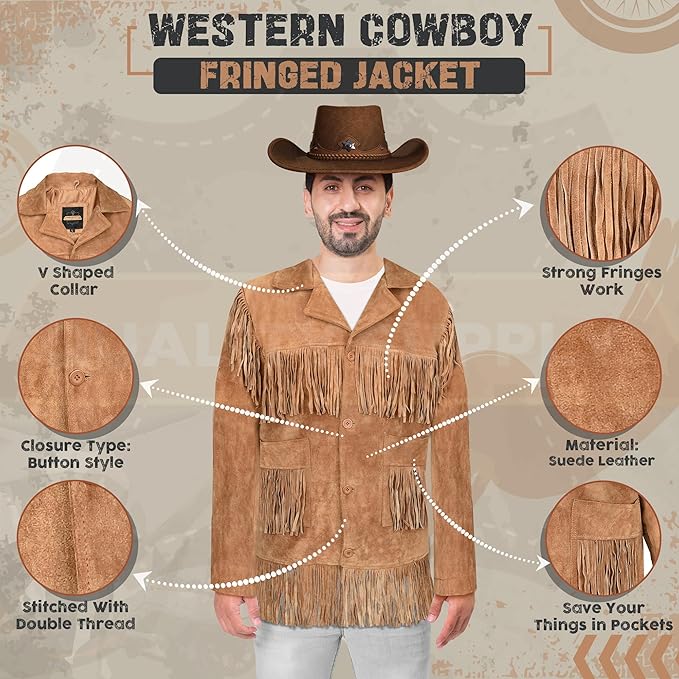 Traditional Western Cowboy Jackets for Men | Native American Brown Texture Suede leather Overcoat with Fringes