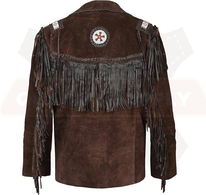 Men's Traditional Dark Brown Texture Cowboy Western Leather Jacket | Native American Suede Coat with Beaded & Fringed