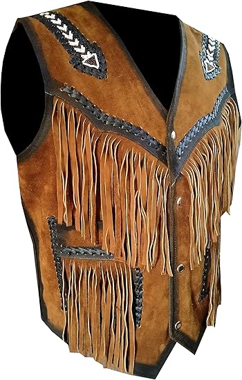 Men's Cowboy Buckskin Suede Western Vests Native Fringes And Handmade Beads Work - Brown