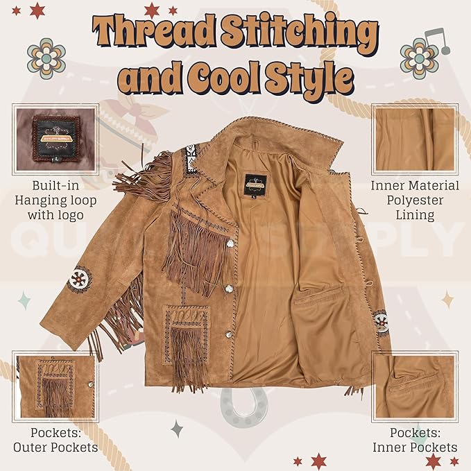 Men's Traditional Tan Brown Texture Cowboy Western Leather Jacket | Native American Suede Coat with Beaded & Fringed