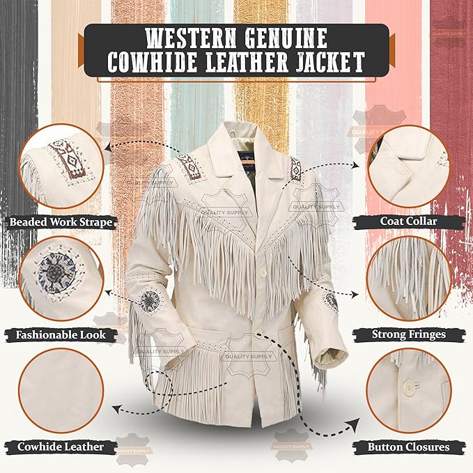 Men's Western Genuine Cowhide Leather Jacket| Traditional Native American White Beige Texture Cowhide Cowboy Coat with Fringe