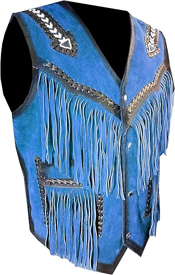 Men's Cowboy Buckskin Suede Western Vests Native Fringes And Handmade Beads Work - Blue