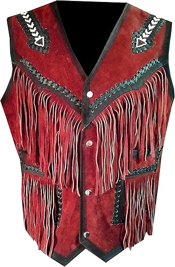 Men's Cowboy Buckskin Suede Western Vests Native Fringes And Handmade Beads Work - Red