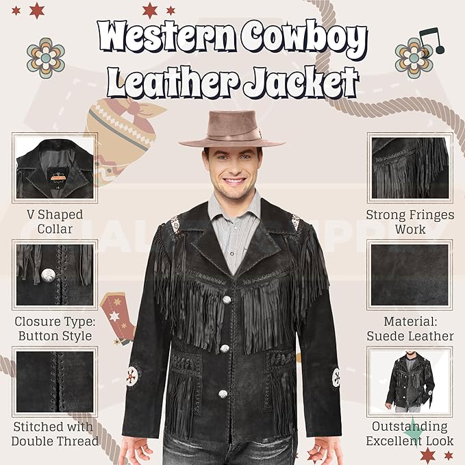 Men's Traditional Black Texture Cowboy Western Leather Jacket | Native American Suede Coat with Beaded & Fringed