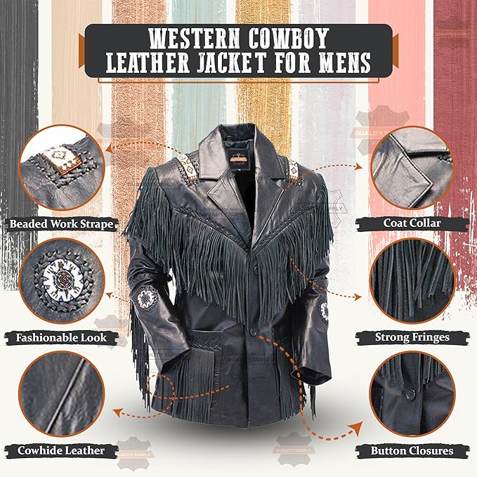 Men's Western Genuine Cowhide Leather Jacket| Traditional Native American Black Texture Cowhide Cowboy Coat with Fringe