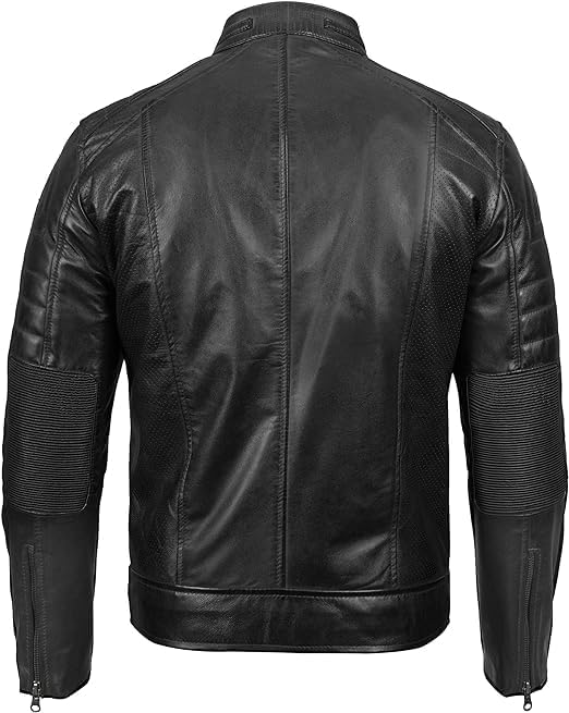 Classic Cafe Racer Style Real Lambskin Leather Jacket For Men - Black