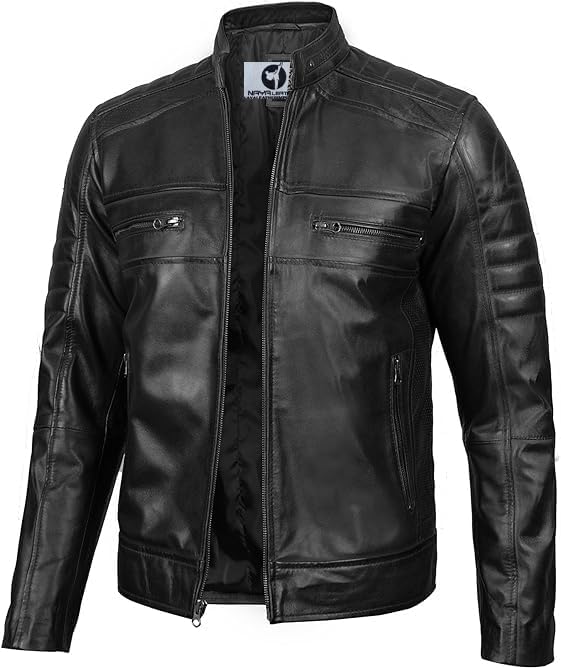 Classic Cafe Racer Style Real Lambskin Leather Jacket For Men - Black